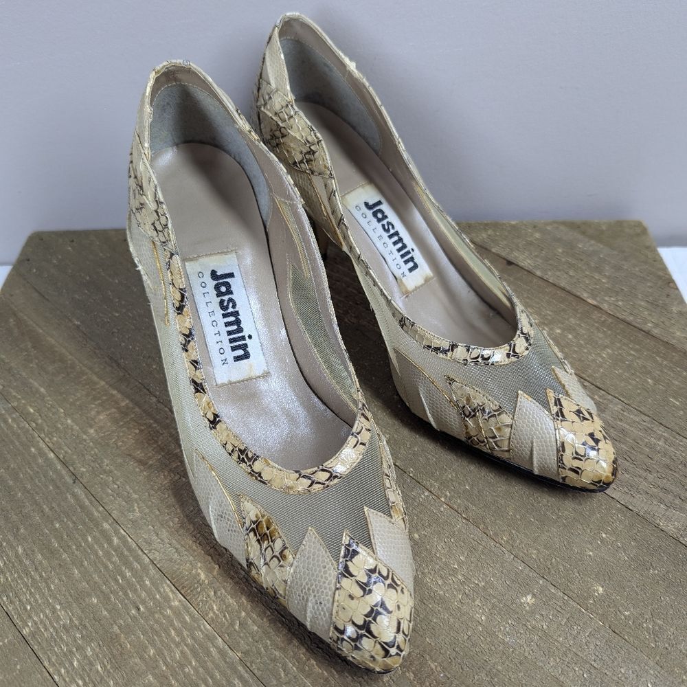 Vintage Jasmin Collection Snakeskin Mesh Heels Sz 7 | 3” Pointed Toe Pumps Glam